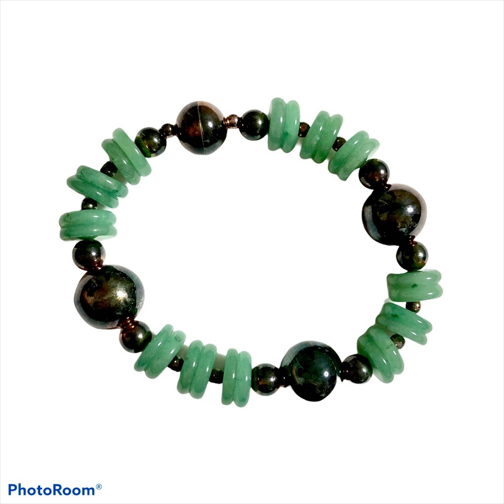 Aventurine Jade Green Beaded Bracelet Magnetic Clasp Bangle Tarnished Silver